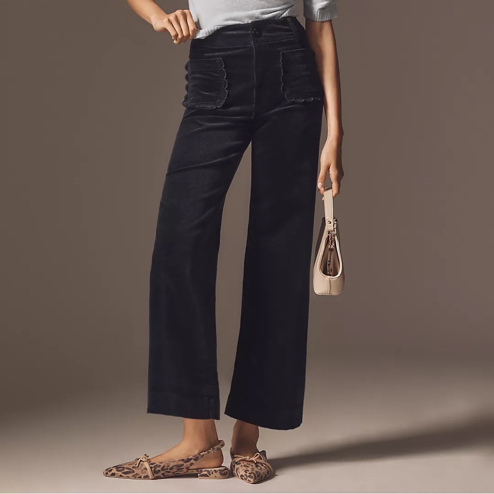 Colette Scallop Pocket Corduroy Crop Wide-Leg Pants by Maeve (Navy)